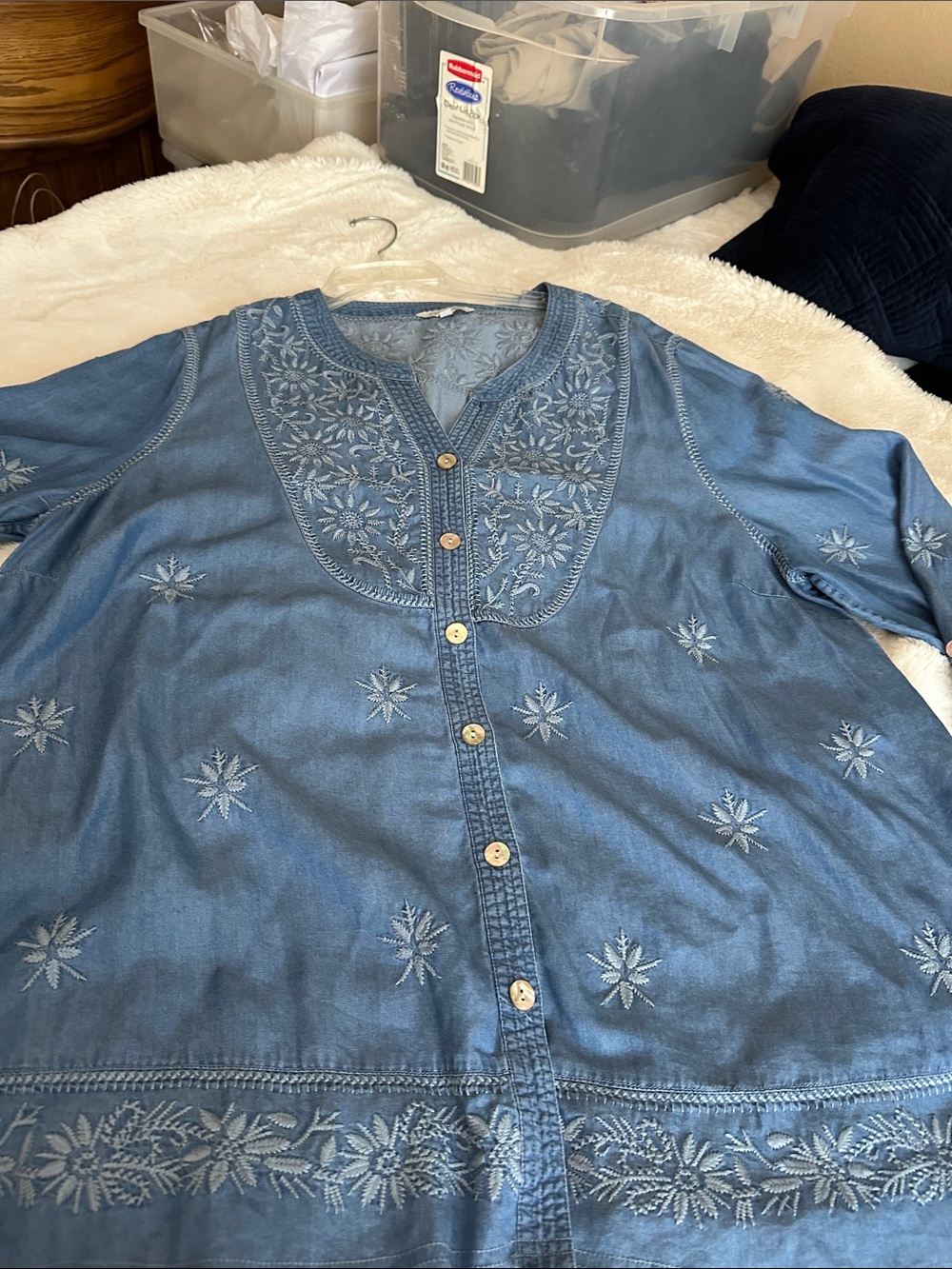 John Mark Denim-Look Embroidered Blue Button Front Top